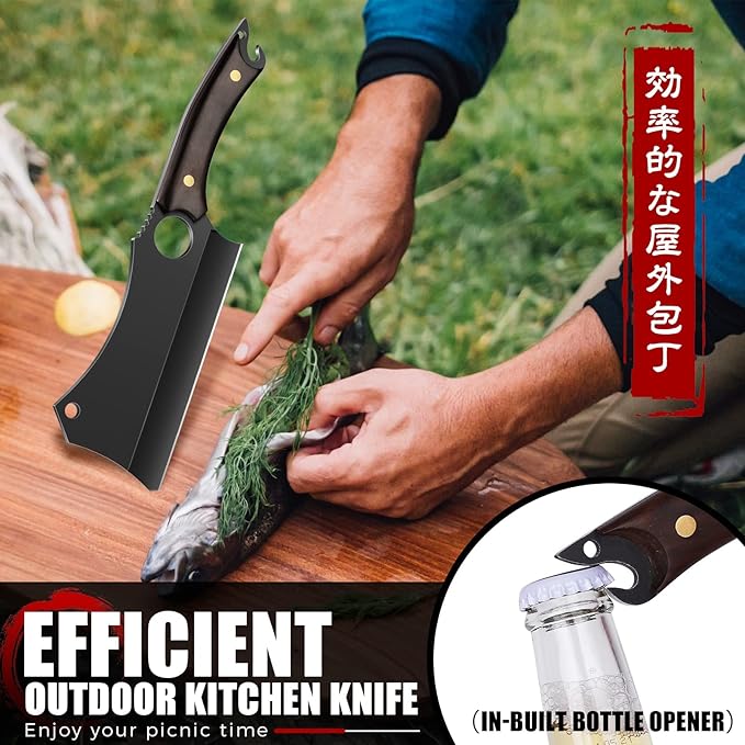 ROCOCO Butcher Meat Cleaver Knife - Hand Forged Meat Cutting Knife with Sheath Outdoor BBQ Camping Birthday Christmas Gift Idea Men Black 5.9"