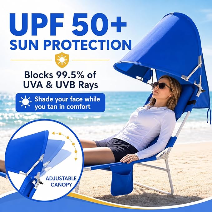 Backpack Beach Tanning Lounge Chair with Canopy Shade Face Hole Padded Adjustable Washable, 6 Position Layout Chair for Outside Sunbathing Poolside Lawn, UPF 50+ Wind-Resistant Sun Shade, 2Pack