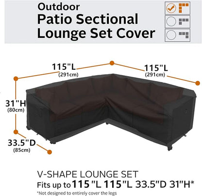 Heavy Duty Outdoor Sectional Sofa Cover, 115"X115" Waterproof 600D Patio Sectional Couch Protector, Lawn Patio Furniture Covers(Midnight Black, V-Shaped-115 x115)