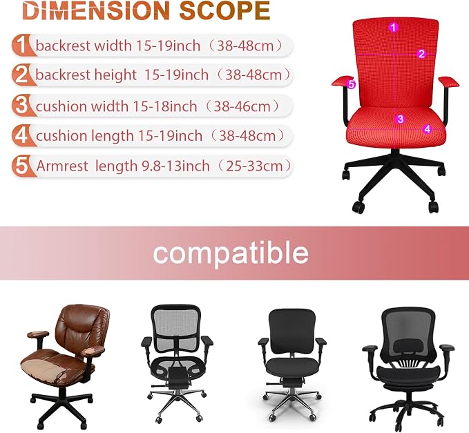 Tallew 4 Pcs Office Chair Covers Stretchable Armrest Seat,XL,Red | Universal Fit Office Desk Chairs, Protective Seat Backrest Slipcovers, Stretchable Prevent Wear, Easy Install for Rotating