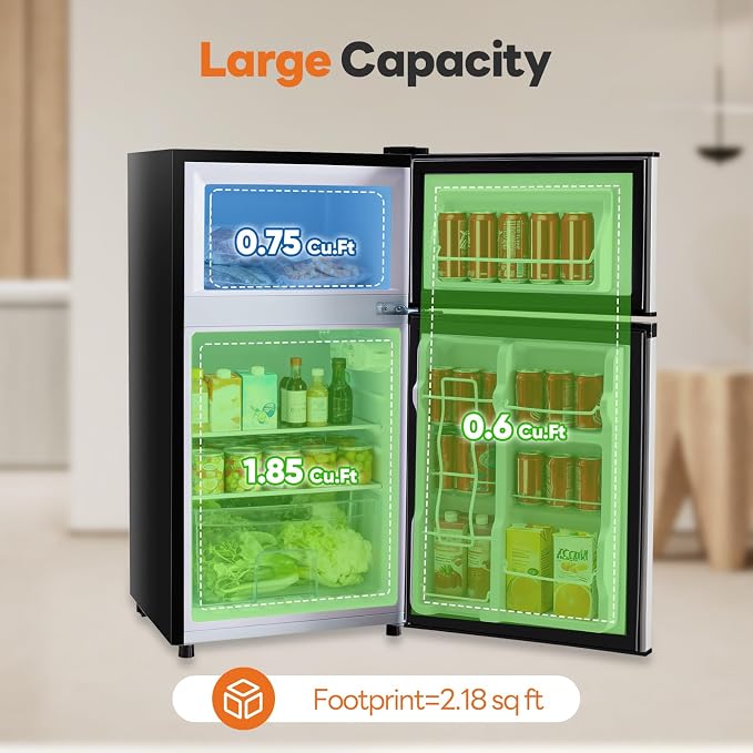 OLIXIS 3.2 Cu.Ft Mini Fridge with Freezer, Small Refrigerator, Black | Double Door Design, 7-Level Thermostat, 41 dB Quiet Operation, 0.8 kWh Daily, LED Interior Light for Bedroom, Office, Dorm