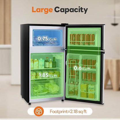 OLIXIS 3.2 Cu.Ft Mini Fridge with Freezer, Small Refrigerator, Black | Double Door Design, 7-Level Thermostat, 41 dB Quiet Operation, 0.8 kWh Daily, LED Interior Light for Bedroom, Office, Dorm
