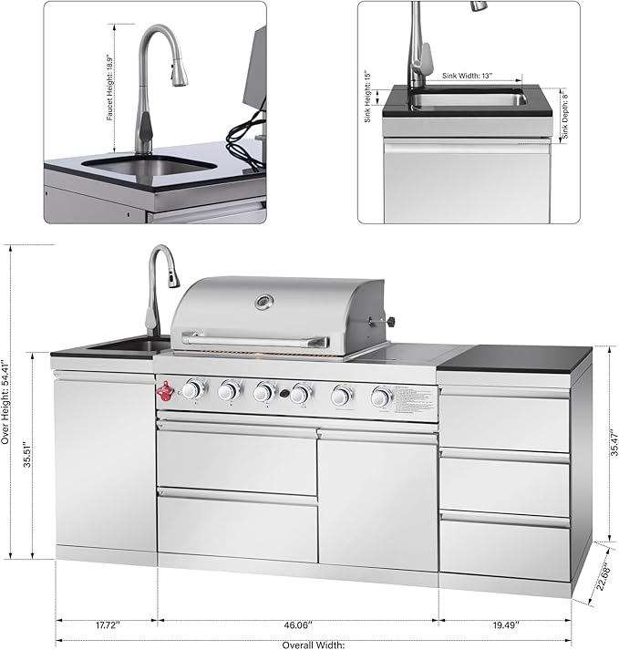 83" Outdoor Kitchen Island with Grill and Side Burner, 4-Burner 71,500 BTU Propane BBQ Island, Sink & Three-Drawer Storage, Rotisserie, for Backyard and Patio Cooking, Silver