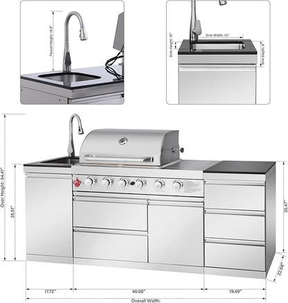 83" Outdoor Kitchen Island with Grill and Side Burner, 4-Burner 71,500 BTU Propane BBQ Island, Sink & Three-Drawer Storage, Rotisserie, for Backyard and Patio Cooking, Silver
