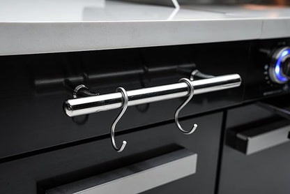 Mont Alpi Premium 70"W x 24"D Black Stainless Steel Compact Outdoor Kitchen Island with Access Doors + 32"W 4-Burner BBQ Grill with Infrared Rear Burner + Storage Cabinets + White Granite Countertops