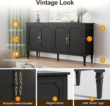 RoyalCraft Sideboard Buffet Cabinet with Storage, 59" Mid Century Modern Credenza with 4 Doors, Coffee Bar Wine Bar Storage Cabinet with Artistic Carved Handle for Living Room, Dining Room, Black