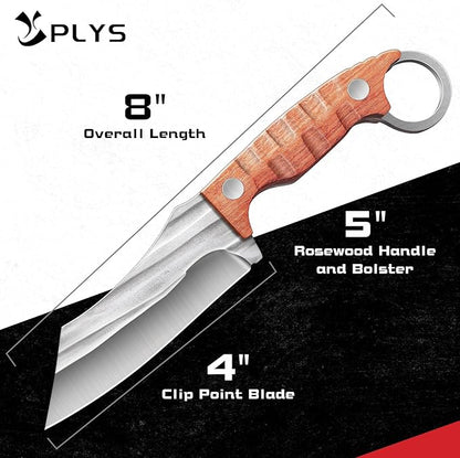 Plys 8 Inch Fixed Blade Hunting Knife with Sheath, Full Tang Survival Camping Knife, Corrosion-Resistant High Carbon Steel, Rosewood Handle EDC Knife for Outdoor Adventure, Hiking, Hunting & Prepping