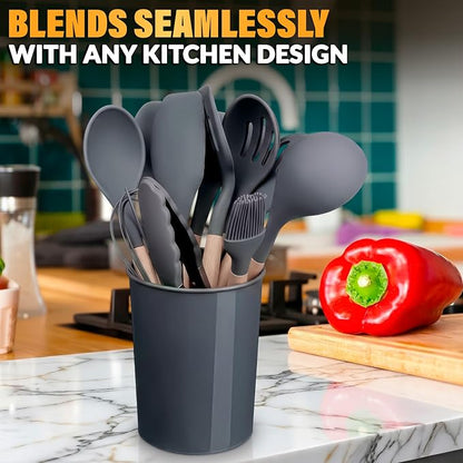 12 Pcs Gray Kitchen Utensils Set with Holder for Nonstick Cookware | Silicone Cooking Utensils Set for BBQ; Heat-Resistant Tools with Wooden Handles for Baking, Serving, Frying, and Mixing