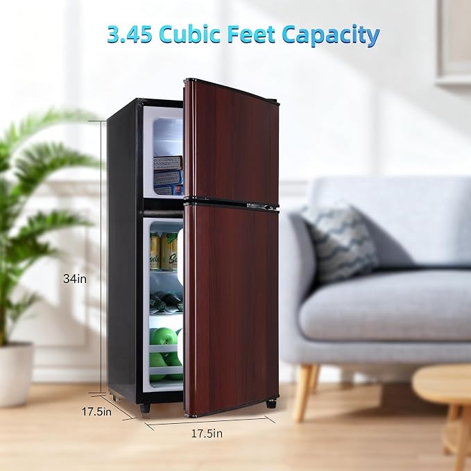 Dorm Fridge with Freezer, Small Refrigerator 3.45 Cu. Ft. with Freezer | 7-Level Temperature Adjustable Apartment Size Fridge with Removable Shelves for Kichen, College, Office, Apartment, Wood