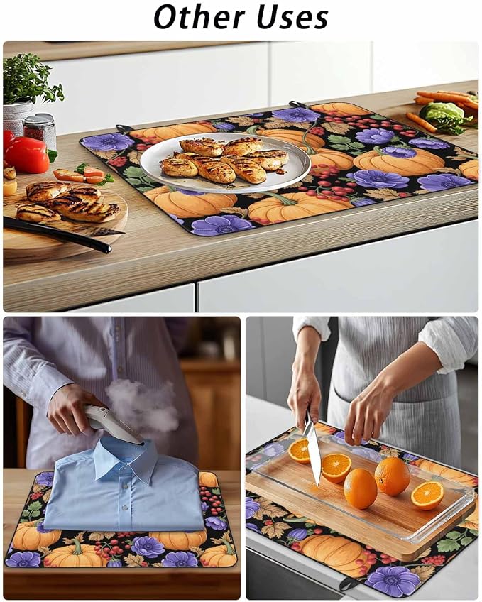 Orange Pumpkin Fall Stove Top Cover for Electric Stove, Thanksgiving Purple Floral Berry Farmhouse Heat-proof & Non Slip Glass Top Stove Cover Protector, Kitchen Flat Cooktop Rubber Mat 36x21 Inches