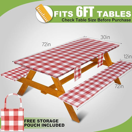 Wrakus Picnic Table Cover with Bench Covers Vinyl Elastic Edges Fitted Rectangle Seat Tables Waterproof 3-Piece72X30in Set Outdoor Rectangular Folding Backing Tablecloth for Camping Over Size