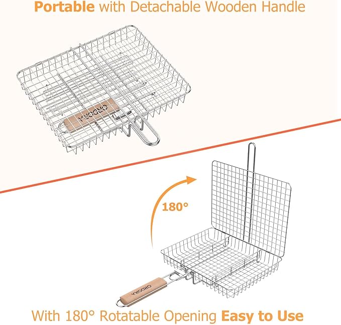 ORDORA Grill Basket Deep, Stainless Steel BBQ Grilling Baskets for Outdoor Grill, Fish Grilling Rack for Veggies, Meat, Shrimps, Grill Accessories with Detachable Handle, Gifts for Dad