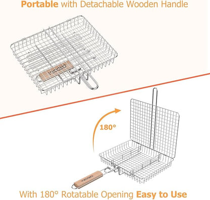 ORDORA Grill Basket Deep, Stainless Steel BBQ Grilling Baskets for Outdoor Grill, Fish Grilling Rack for Veggies, Meat, Shrimps, Grill Accessories with Detachable Handle, Gifts for Dad