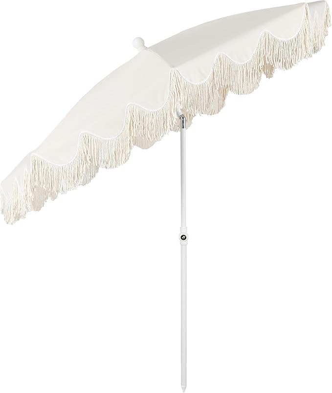 JONATHAN Y Mariner 6.5 ft. Solid Fringe Beach Umbrella, Cream | Push-Button Tilt, UV 50 Protection, Matching Carry Bag, White Iron Pole, Wind Vent, Scalloped Round Canopy