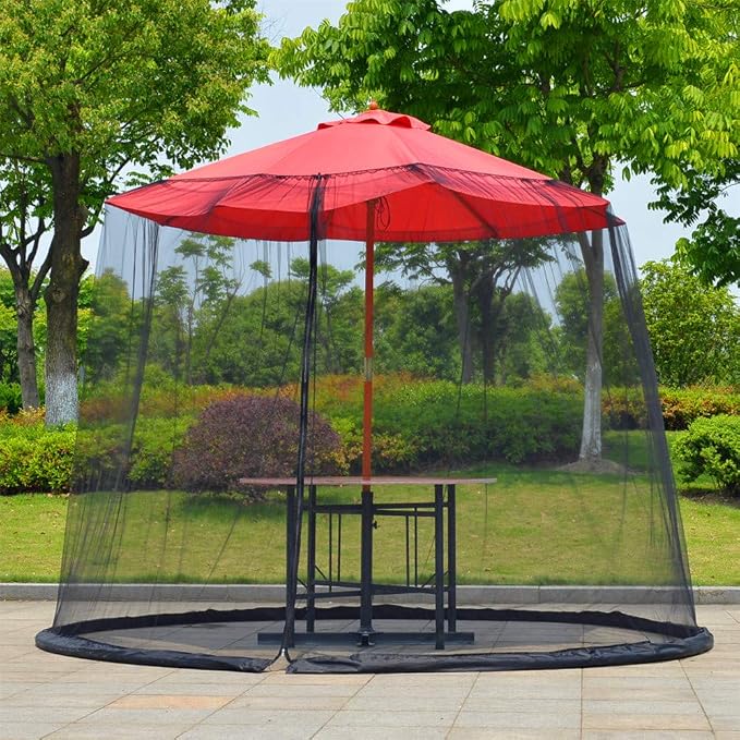 7.5-11 FT Patio Umbrella Mosquito Net, Polyester Mesh Umbrella Screen, Universal Canopy Umbrella Mosquito Netting with Zipper Door and Adjustable Rope, Fit Outdoor Umbrellas and Patio Tables