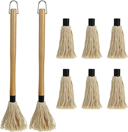 Hedume 2 Pack BBQ Basting Mop with 6 Extra Replacement Heads, Grill Basting Mop Wooden Long Handle Perfect for BBQ Grilling Smoking Steak (18.2 Inch)