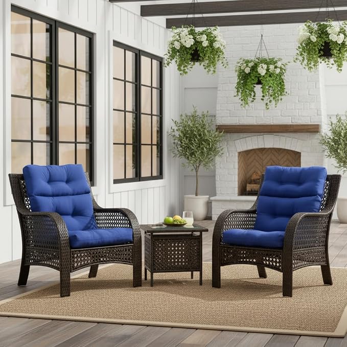 Outdoor Tufted High-Back Chair Cushions, One-Piece Hinged Seat and Back Design, Reversible with 4 Ties, Durable Polyester Fabric, Recycled Fiber Fill - Set of 2, Marine Blue