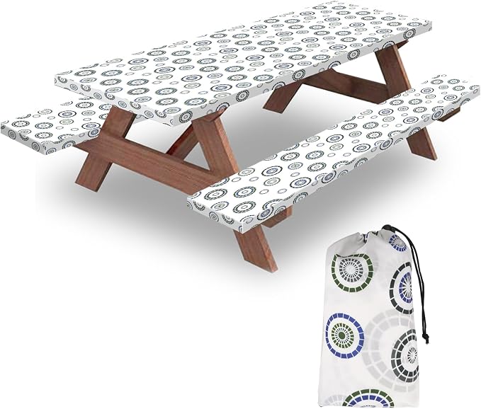 6ft 72in Picnic Table and Bench Cover, 3 Pack, Blue Flywheel | Drawstring Bag, Waterproof Windproof, Elastic Fitted Edges Tablecloth, for Rectangle Table & Seat, Camping Essentials RV Gear