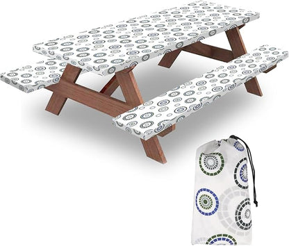 6ft 72in Picnic Table and Bench Cover, 3 Pack, Blue Flywheel | Drawstring Bag, Waterproof Windproof, Elastic Fitted Edges Tablecloth, for Rectangle Table & Seat, Camping Essentials RV Gear