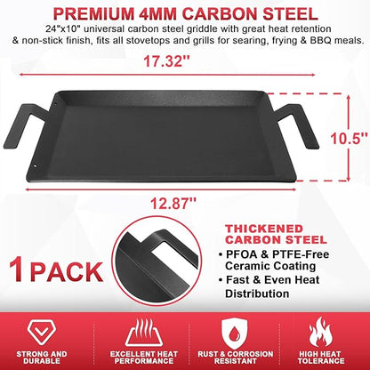 Universal Carbon Steel Griddle for Gas Grill, Stove top & Induction Cooktop | Griddle Pan Fits Versatile Stovetop Oven; Flat Top Plate for Charbroil Etc. All Gas & Charcoal Grill 24" x 10" with gloves