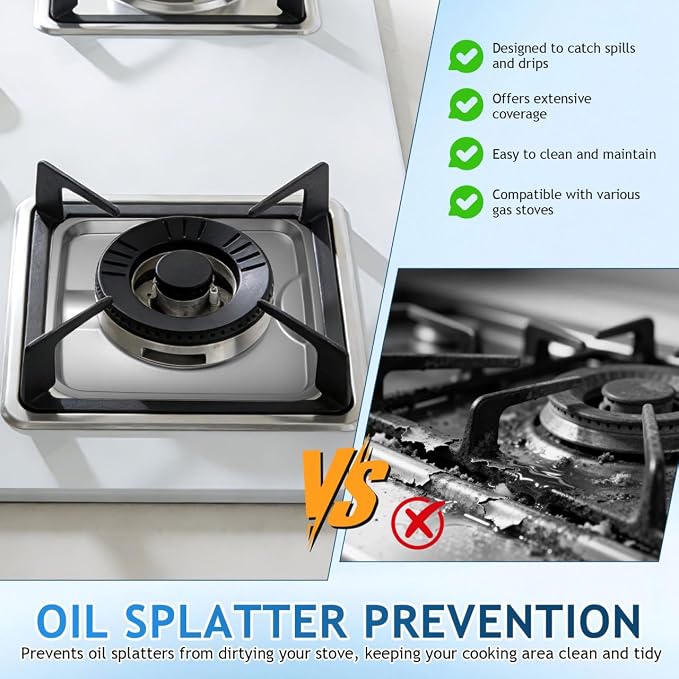 Angoily 4 Pcs Burner Covers, 7.68 Inch Stainless Steel Square WP786333, AP6011553, PS11744751 Gas Stove Burner Liner, Heavy Thick Kitchen Bib Drip Pan Top Cover Heat Resistant Replacement Pan