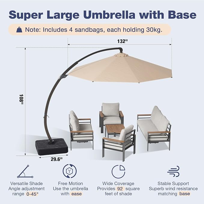 Aoxun Aluminum Patio Furniture Set with Umbrella 7 Seats, Oversized Outdoor Sectional with Washable Thick Cushions, Coffee Table, Patio Conversation Sets for Porch, Balcony, Deck