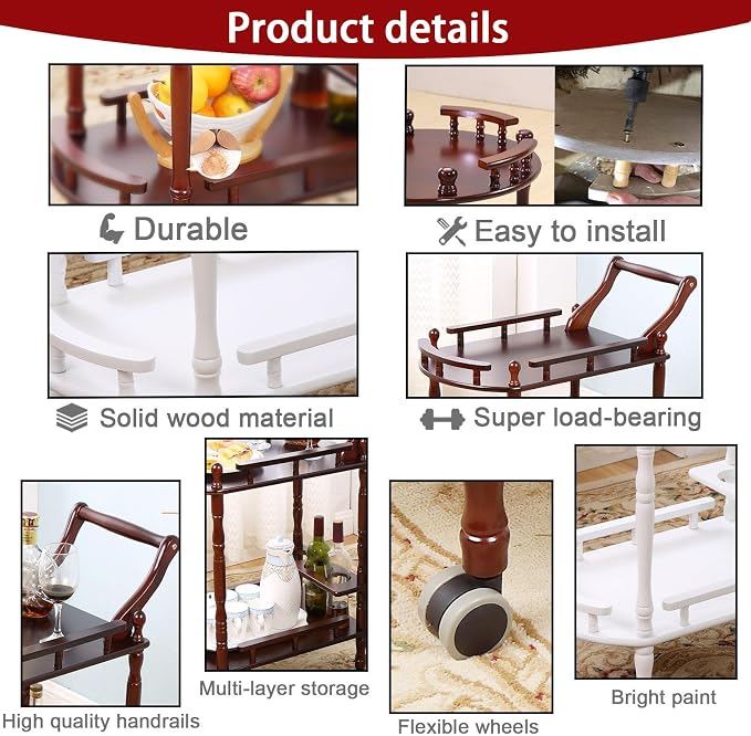 Bar Cart, Home Bar Service Cart with Wheels, 2-Layer Wine Mobile Trolley, Solid Wood Storage Rack with Bottle Rack, Mobile Food Cart Suitable for Home, Bar, Beauty Shop (Brown)