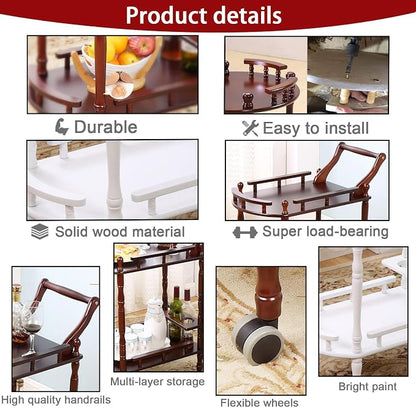 Bar Cart, Home Bar Service Cart with Wheels, 2-Layer Wine Mobile Trolley, Solid Wood Storage Rack with Bottle Rack, Mobile Food Cart Suitable for Home, Bar, Beauty Shop (Brown)