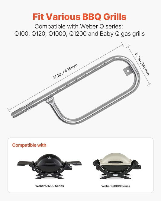 VEVOR Grill Burner Tube for Weber Q100, Q120, Q1000, Q1200, Baby Q Gas Grills, 17 inch 304 Stainless Steel Tube Burner for Weber 516001, 516002, 50060001, Replacement Part 69957, 60040, 41657, 45657