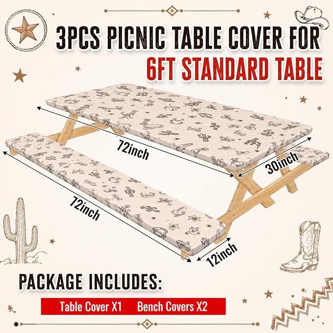 Cinrobiye 3PCS Western Cowboy Picnic Table Cover Set with Bench Covers Fitted Waterproof Rodeo Tablecloth Windproof Elastic Outdoor Camping Picnic Table Cover Rustic Western Party Decor 72 x 30 Inch