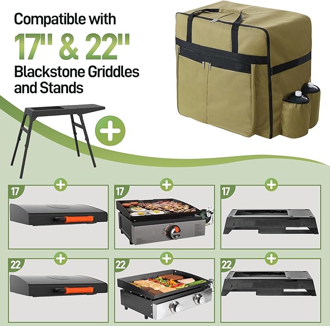 Extra Large 1200D Heavy-Duty Griddle Carry Bag for Blackstone 17" & 22" Griddles with Hood & Stand, Reinforced Waterproof Storage Tote with Multiple Pockets & Compartments for Grill Accessories