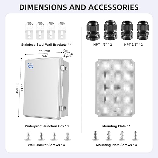 RTHIEAI Waterproof Outdoor IP67 Junction Box (13.8"x9.8"x5.9") with Mounting Plate, Hinged Grey Cover and Wall Brackets - Weatherproof ABS Plastic Electrical Enclosure for DIY Projects (350x250x150mm)