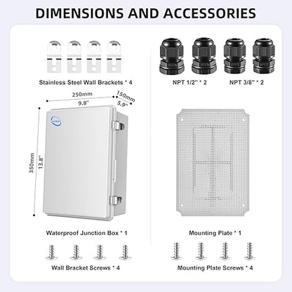 RTHIEAI Waterproof Outdoor IP67 Junction Box (13.8"x9.8"x5.9") with Mounting Plate, Hinged Grey Cover and Wall Brackets - Weatherproof ABS Plastic Electrical Enclosure for DIY Projects (350x250x150mm)