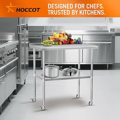 Stainless Steel Prep Table 30" X 36" with Adjustable Undershelf, Backsplash and Wheels, Commercial Metal Workstations for Kitchen, Garage, Home and Hotel