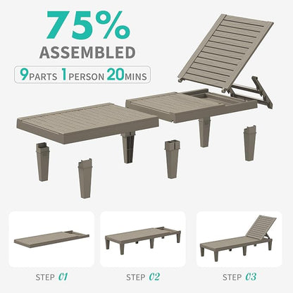 Outdoor Chaise Lounges, Patio Lounge Chair (Grey Wood Grain, Set of 2) | Wood-Grain HDPE, 5-Position Recline, 300 lbs, Indoor/Outdoor, Waterproof, All Weather Resin.