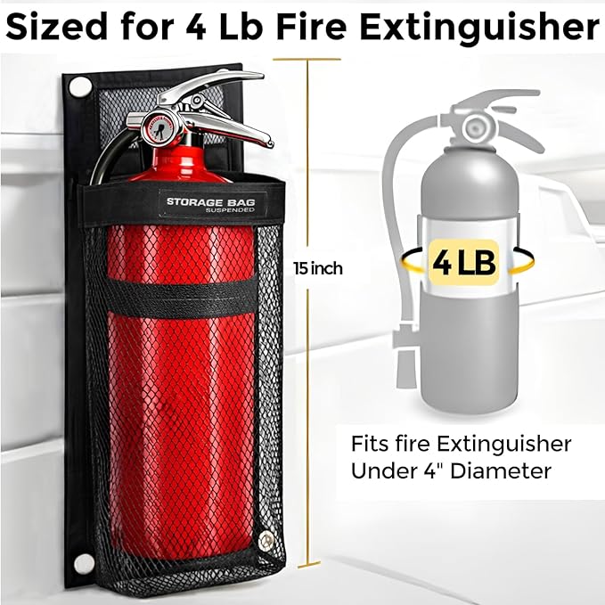 Marine Mesh Single Pocket Boat Gear Storage Bag, Black Fabric Marine Fire Extinguisher Holder, Screw Snap Mount (Black, Medium)