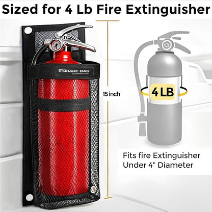 Marine Mesh Single Pocket Boat Gear Storage Bag, Black Fabric Marine Fire Extinguisher Holder, Screw Snap Mount (Black, Medium)