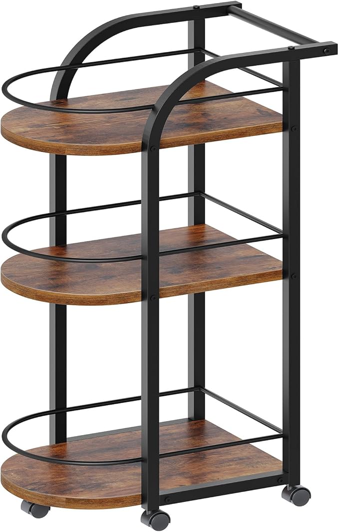 3-Tier Bar Cart, Home Bar Serving Cart with Fence and Wheels, for Dining Room, Living Room, Garden, Party, Rustic Brown and Black BC06BR