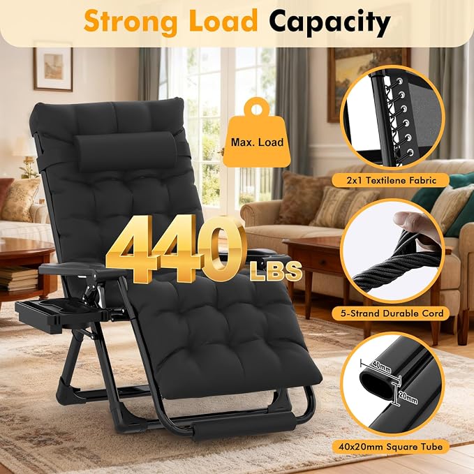 Slendor Oversized Zero Gravity Chairs XL, 29in Padded Recliner Chair, Black | Reclining Lounge Chair, Folding Anti Gravity Chairs w/Aluminum Alloy Lock,Headrest,Cup Holder, Support 440lbs,for Lawn Patio