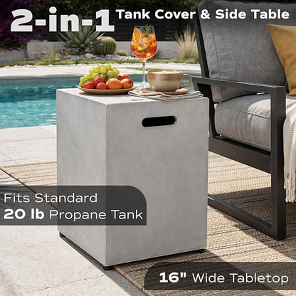60-inch Outdoor Propane Fire Pit Coffee Table with Tank Cover, 50,000 BTU Concrete Rectangle Modern Outside Fire Table, Auto-Ignition, Included Lava Rocks, Metal Lid & Waterproof Cover