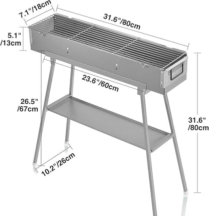 Portable Charcoal Grill with 36PCS Stainless Steel Kabob Skewers, Heavy Duty BBQ Grill with Folding Legs and 31.6x7.1" Cooking Area, Kebab Grill for Outdoor Backyard Picnic Camping Party