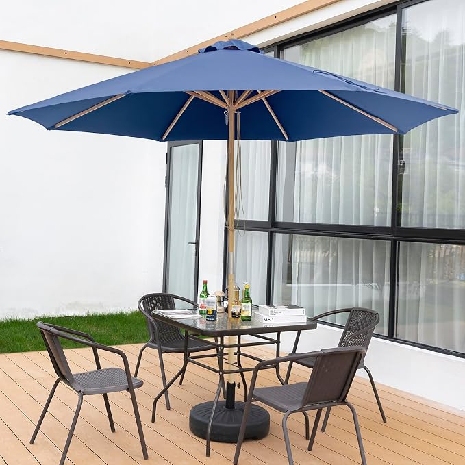 9FT/10FT Wood Patio Umbrella, Large Outdoor Table Pool Umbrella | 205G Olefin/180G Polyester Fabric, Push-Pull Operation Market Umbrella, 8 Rib Vented Canopy, Ideal for Patio, Backyard