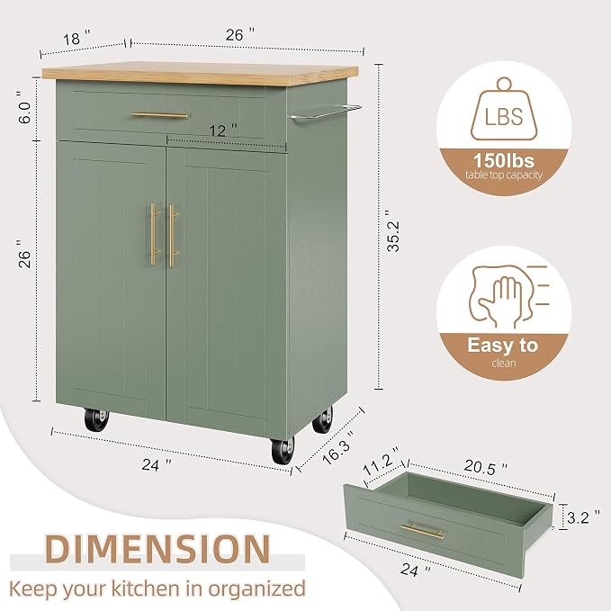 Shintenchi Kitchen Island cart with Storage, Portable Bar Cabinet on Wheels, Rolling Microwave Cart Side Table with Workstation for Kitchen, Dinning Room, Green