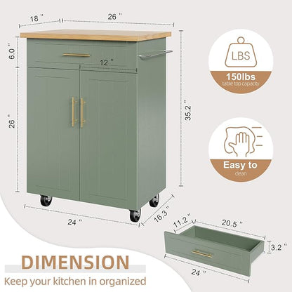 Shintenchi Kitchen Island cart with Storage, Portable Bar Cabinet on Wheels, Rolling Microwave Cart Side Table with Workstation for Kitchen, Dinning Room, Green
