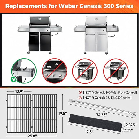 Grill Parts for Weber Genesis 300 with Side Control (2007-2010), Genesis Grill Grates, 24.5" Flavorizer Bars, 304 Burner Tube Replacement, Fits Genesis E310 E320 S310 S320 EP310 EP320, 7524 67722 7640