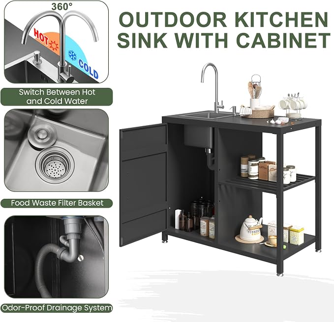 EROMMY 5-Piece Modular Outdoor Kitchen Island with Sink, Large Storage Cabinet & Shelf, Pull-Out Trash Drawer and Grill Stand, Outdoor Storage Kitchen Set for BBQ, Deck, Backyard, Black