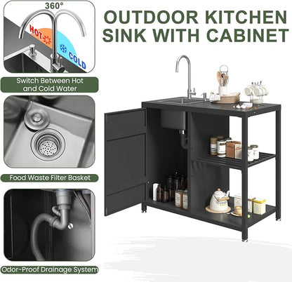 EROMMY 5-Piece Modular Outdoor Kitchen Island with Sink, Large Storage Cabinet & Shelf, Pull-Out Trash Drawer and Grill Stand, Outdoor Storage Kitchen Set for BBQ, Deck, Backyard, Black