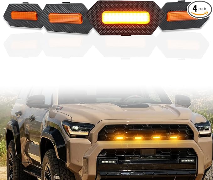 4pc Smoked Housing Amber LED Front Centra Grille Lights DRL Feature Kit for Toyota 4runner 2025 TRD & TRD PRO & Trailhunter,OEM Grill Led Grill Light for 4Runner Accessories (Yellow)