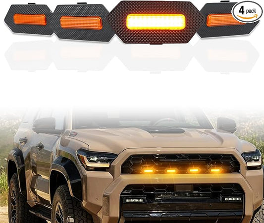 4pc Smoked Housing Amber LED Front Centra Grille Lights DRL Feature Kit for Toyota 4runner 2025 TRD & TRD PRO & Trailhunter,OEM Grill Led Grill Light for 4Runner Accessories (Yellow)
