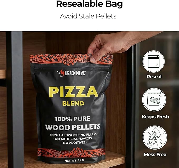 Kona Wood Pellets Pizza Blend, Intended for Ooni & Big Horn Pellet Pizza Ovens, 2lb Resealable Bag